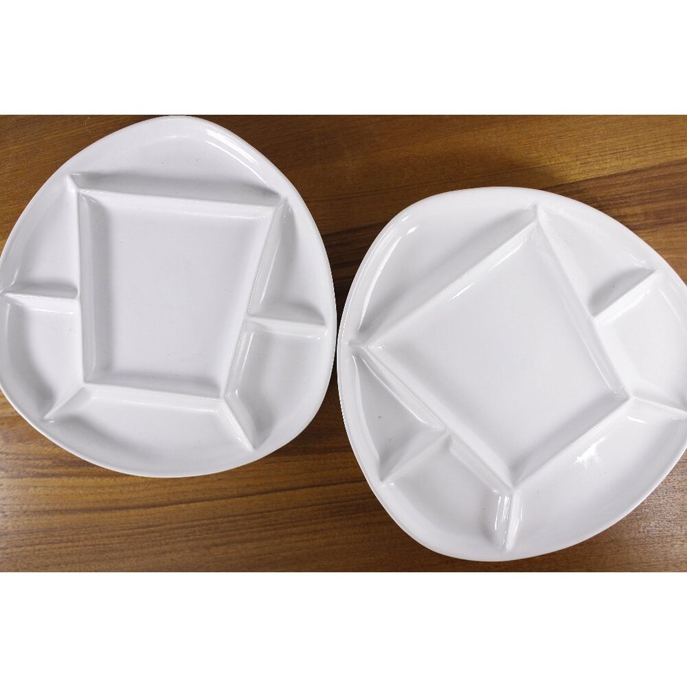 Vintage MCM white SUNBURST Canada divided dinner plates, minimalist fondue